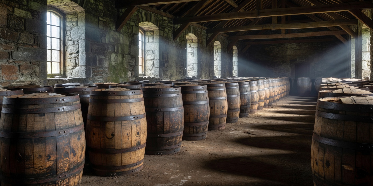 Row of Maturing Oak Whisky Casks in Scotland Bonded Warehouse